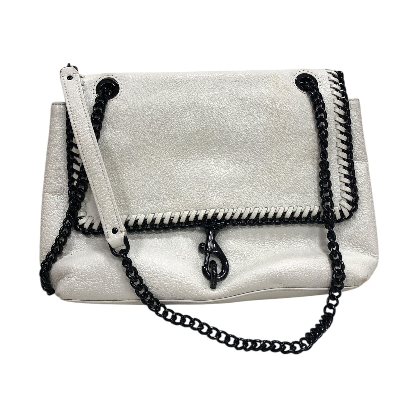 REBECCA MINKOFF Edie Flap Leather Shoulder Bag With Woven Chain In Plaster - Moda Consignment