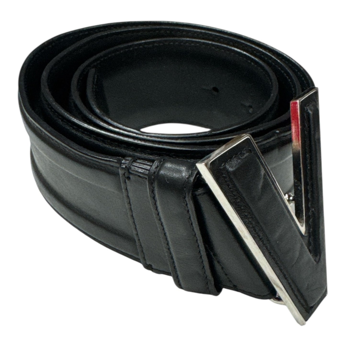 VERSACE BLACK LEATHER BELT WITH V-BUCKLE - Moda Consignment