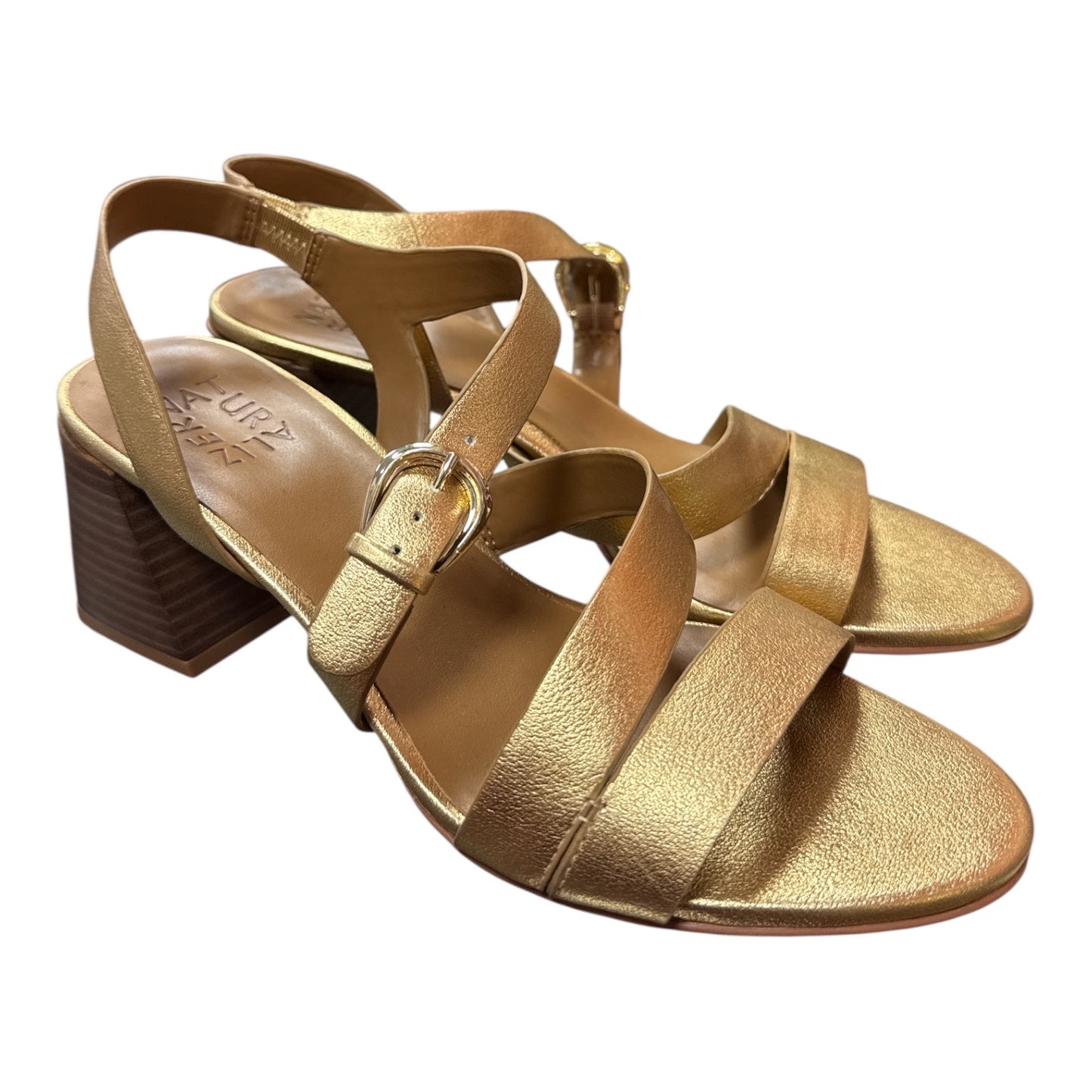 NATURALIZER METALLIC GOLD LEATHER STRAPPY BLOCK HEEL SANDALS - Moda Consignment