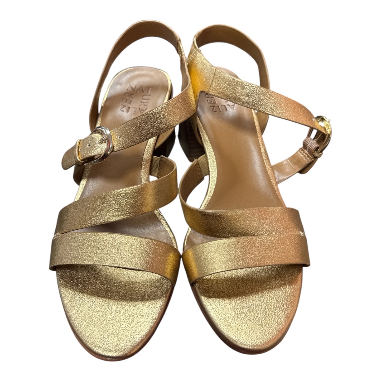 NATURALIZER METALLIC GOLD LEATHER STRAPPY BLOCK HEEL SANDALS - Moda Consignment