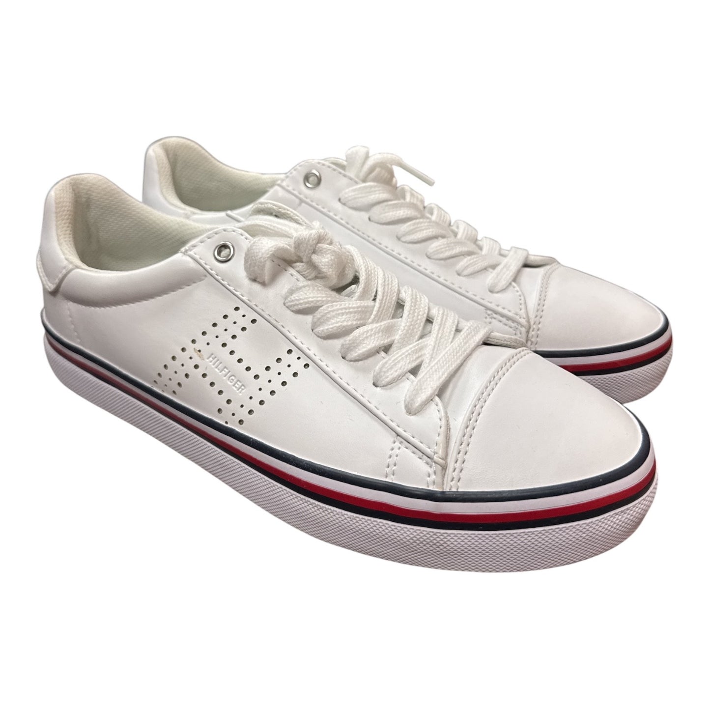 TOMMY HILFIGER WHITE LEATHER LOW TOP SNEAKERS WITH LOGO DETAIL - Moda Consignment