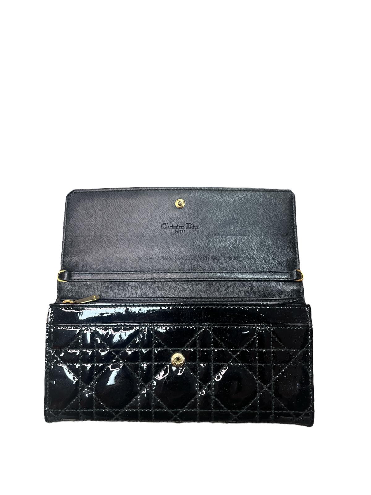 CHRISTIAN DIOR Black Iridescent Cannage Patent and Leather Lady Dior Flap Wallet - Moda Consignment