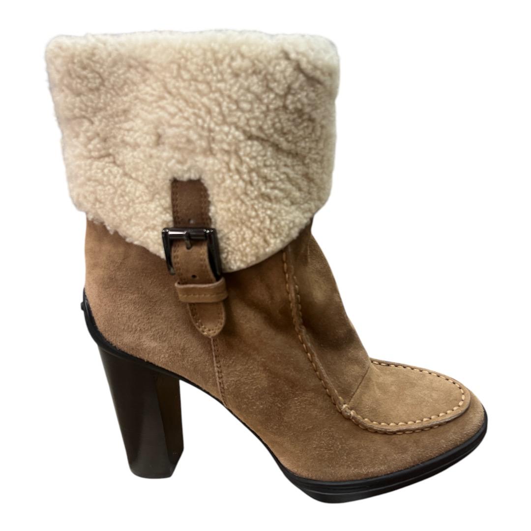 TOD'S Brown Suede Heeled Booties w/ Shearling Trim Sz - Moda Consignment