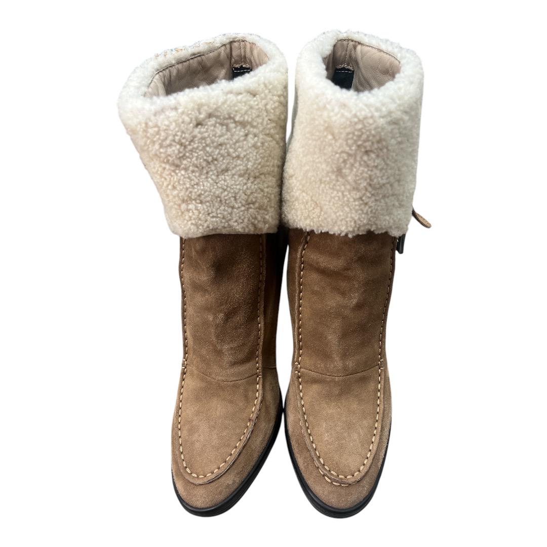 TOD'S Brown Suede Heeled Booties w/ Shearling Trim Sz - Moda Consignment