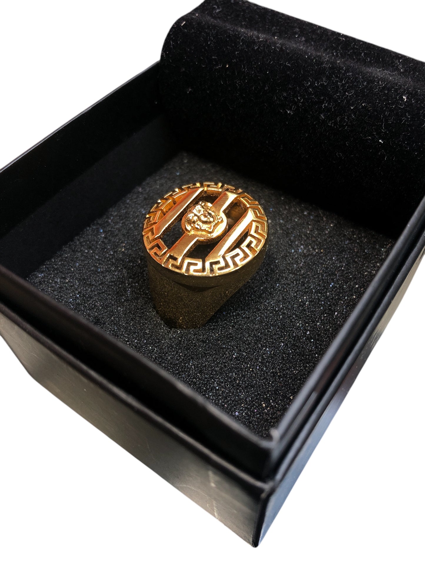 VERSACE 3d Greek Key Medusa Embellished Logo Ring in Gold - Moda Consignment
