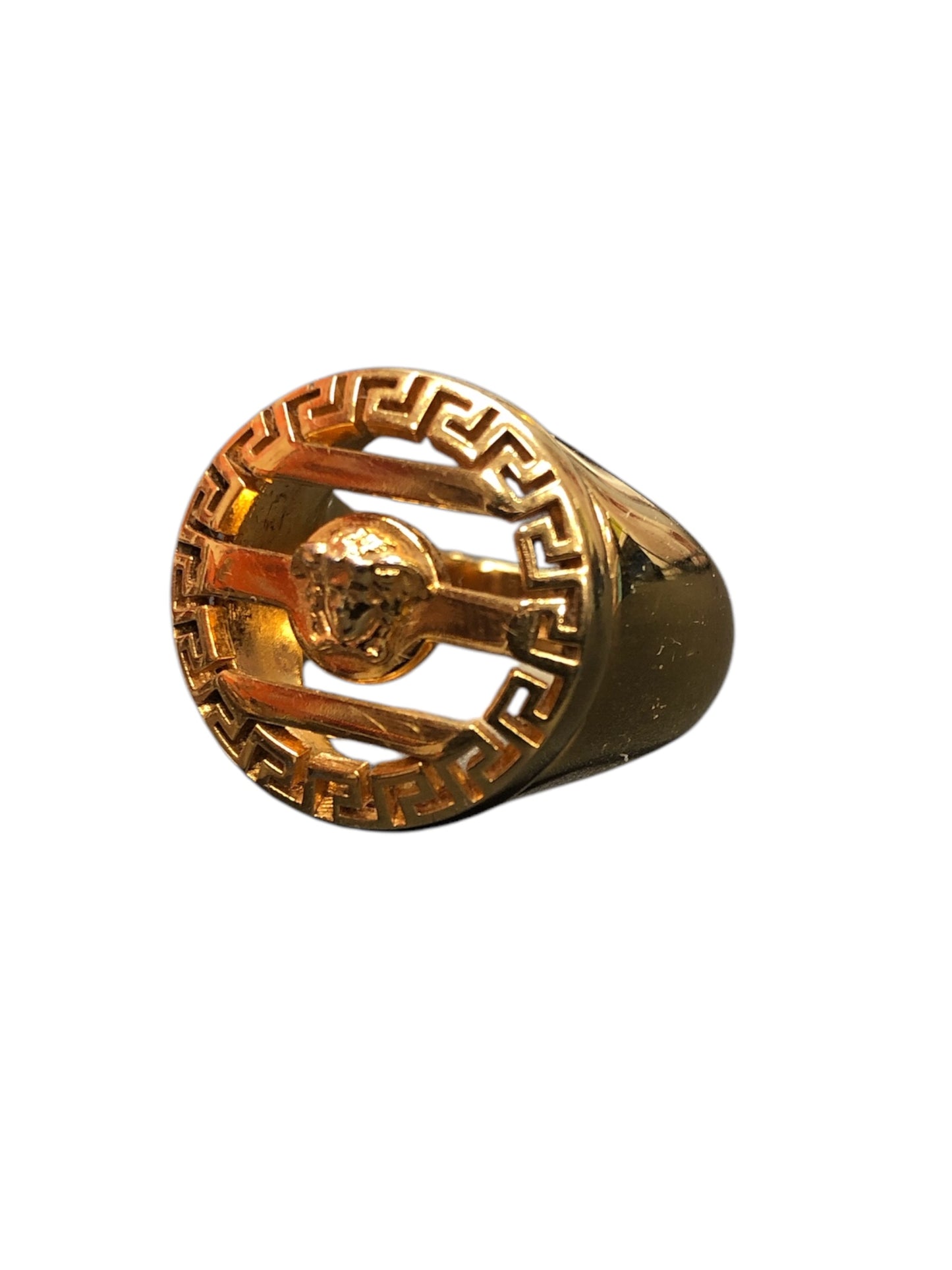 VERSACE 3d Greek Key Medusa Embellished Logo Ring in Gold - Moda Consignment
