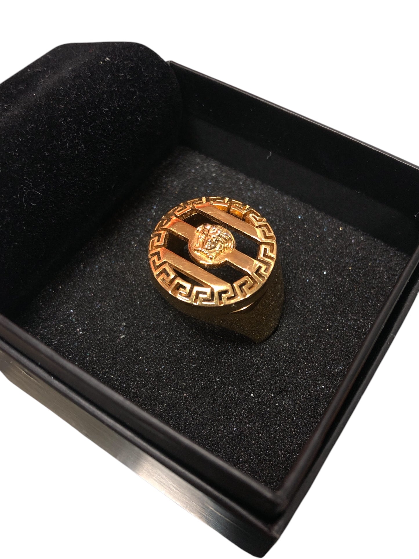 VERSACE 3d Greek Key Medusa Embellished Logo Ring in Gold - Moda Consignment