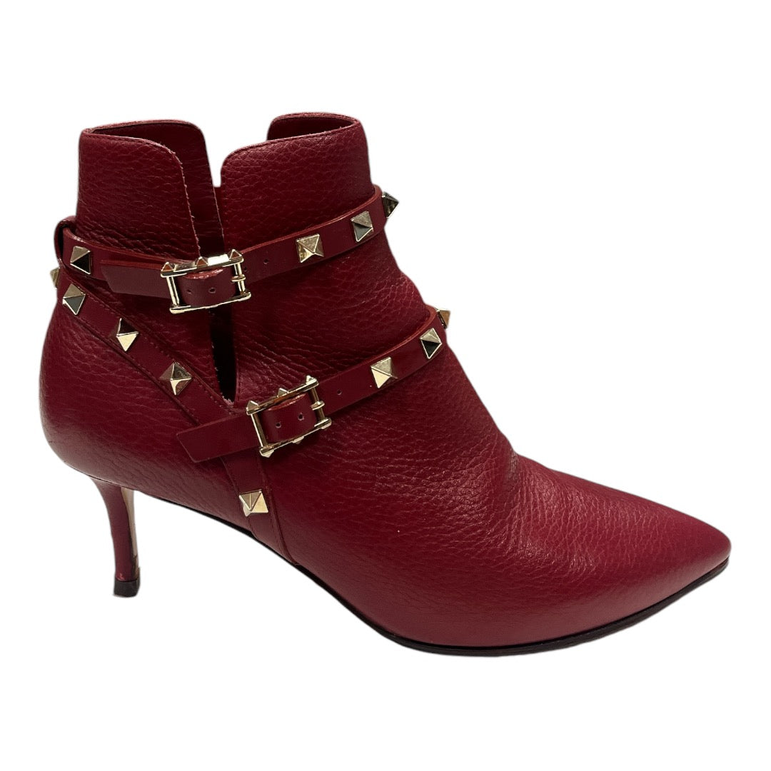 VALENTINO Valentino Red Leather Rockstud Pointed Toe Ankle Boots - Moda Consignment