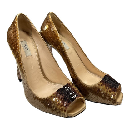 PRADA Brown Sequin Peep Toe Pump - Moda Consignment