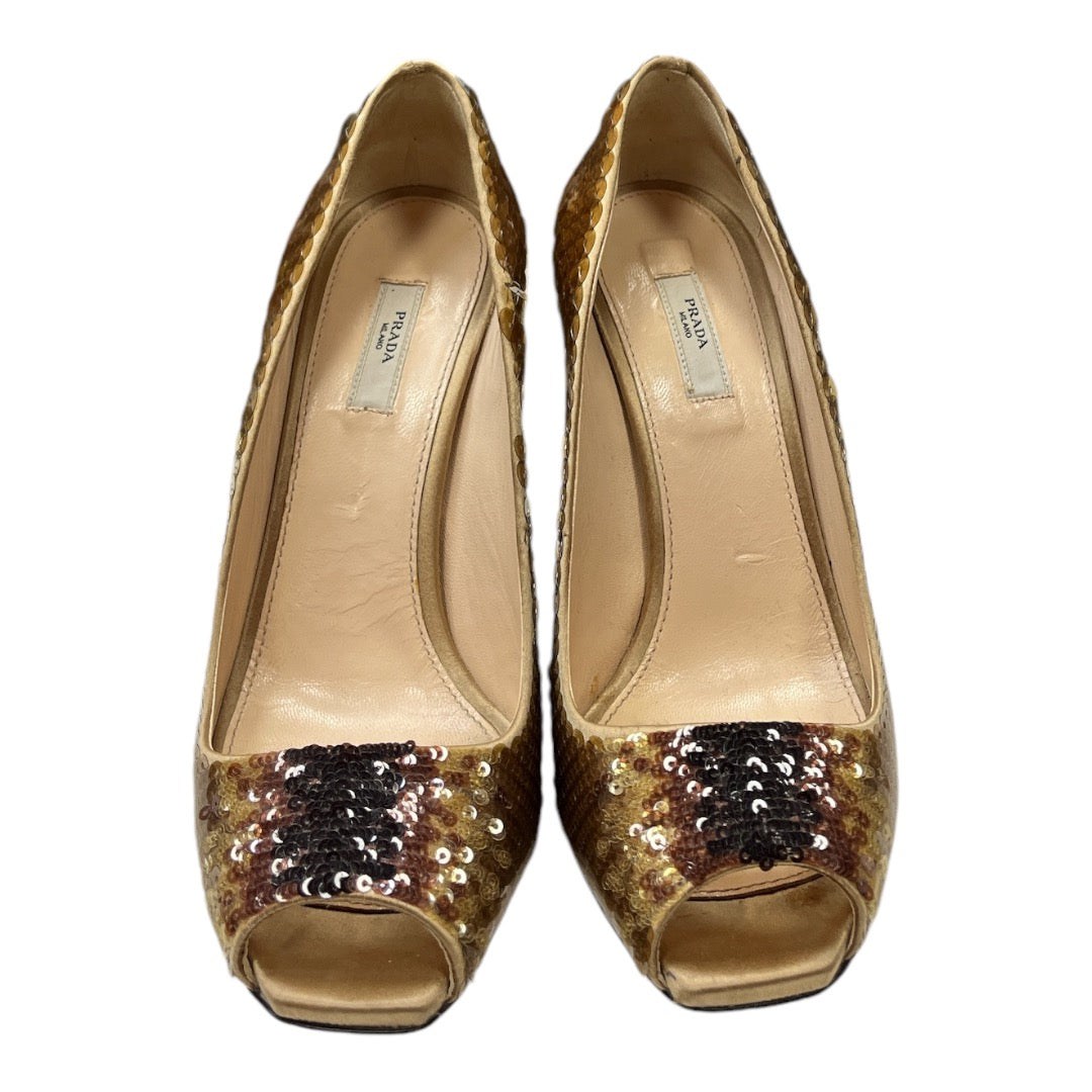 PRADA Brown Sequin Peep Toe Pump - Moda Consignment