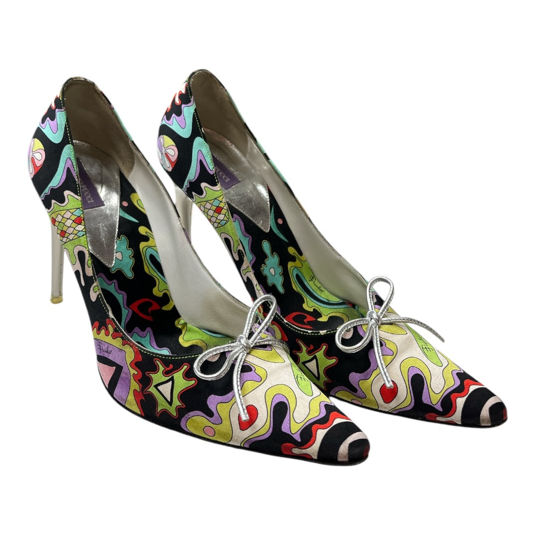 EMILIO PUCCI Black & Multi Satin Patterned Heel - Moda Consignment