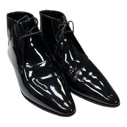 SAINT LAURENT Black Patent Pointed Toe Lace Up Booties - Moda Consignment