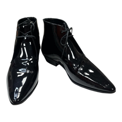 SAINT LAURENT Black Patent Pointed Toe Lace Up Booties - Moda Consignment