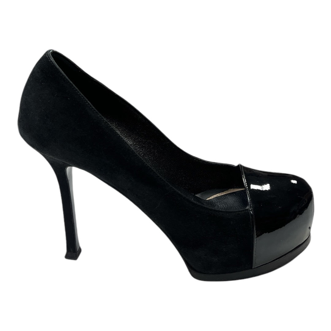 SAINT LAURENT Black Patent Leather & Suede Platform Pump - Moda Consignment