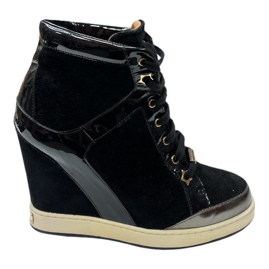 JIMMY CHOO Black Suede & Patent Leather Wedge Sneaker - Moda Consignment