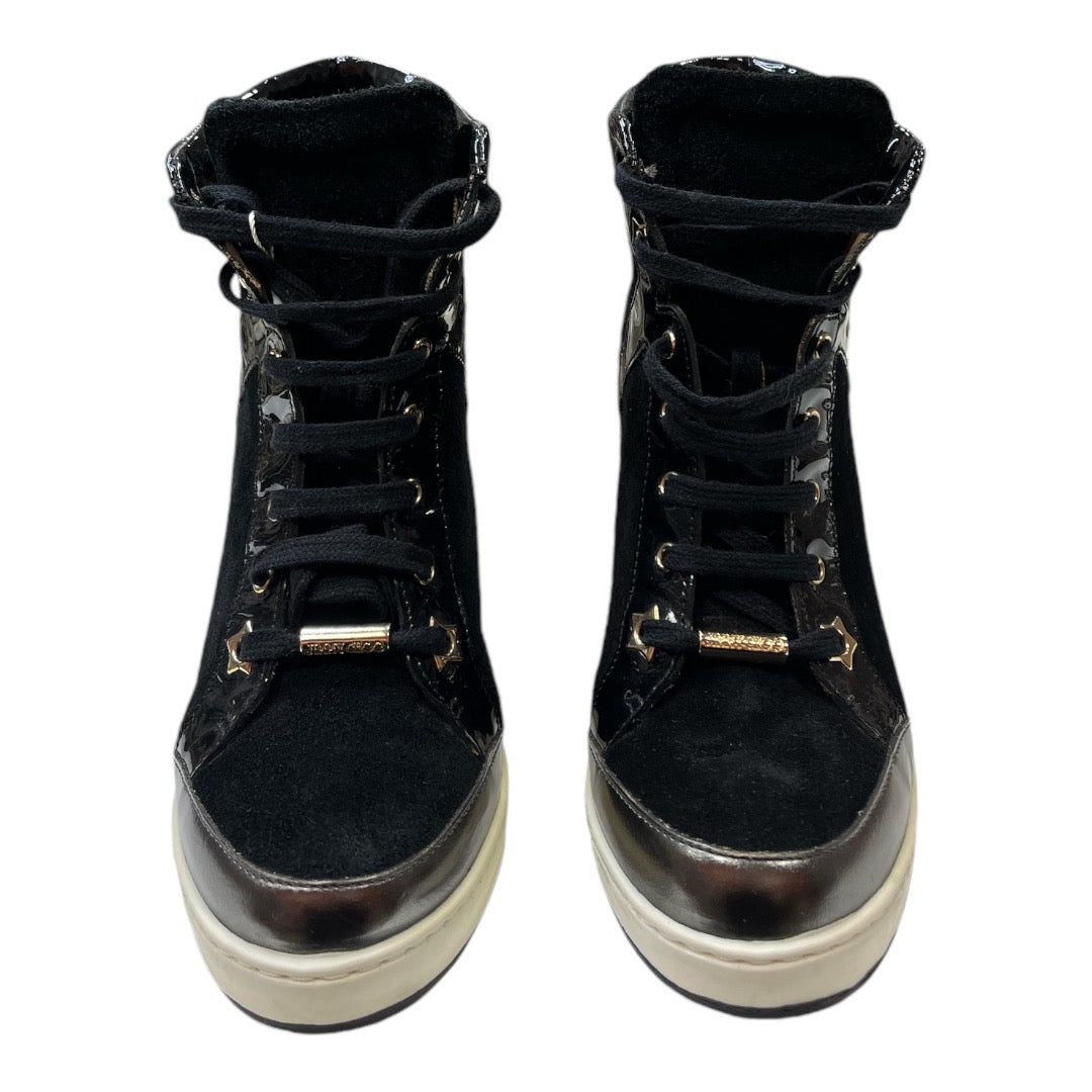 JIMMY CHOO Black Suede & Patent Leather Wedge Sneaker - Moda Consignment