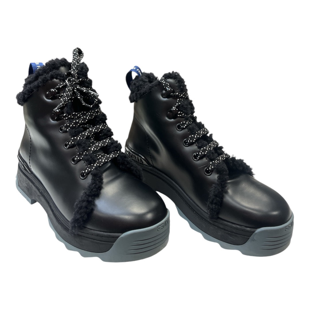 FENDI Black Leather Shearling Combat Boot - Moda Consignment