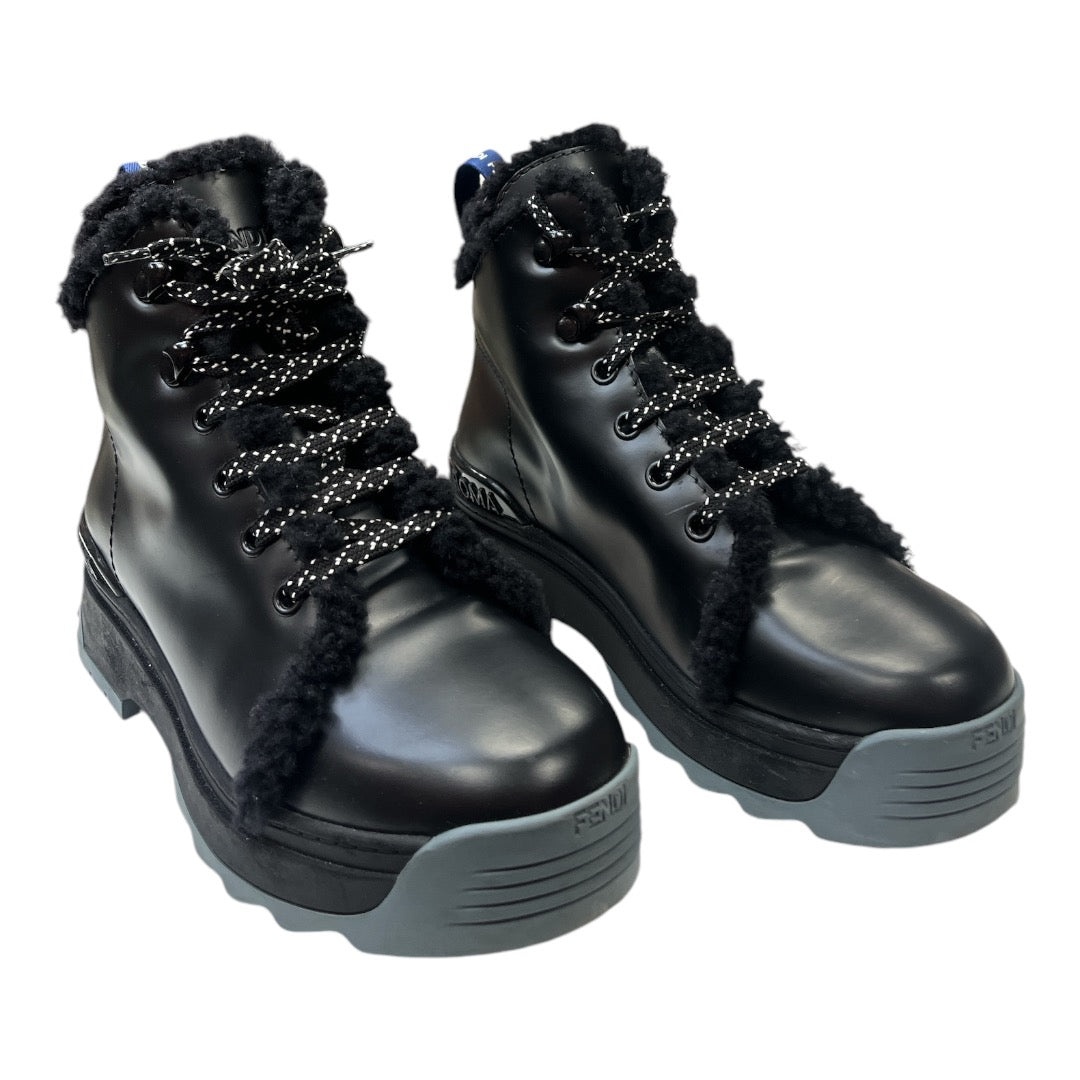 FENDI Black Leather Shearling Combat Boot - Moda Consignment