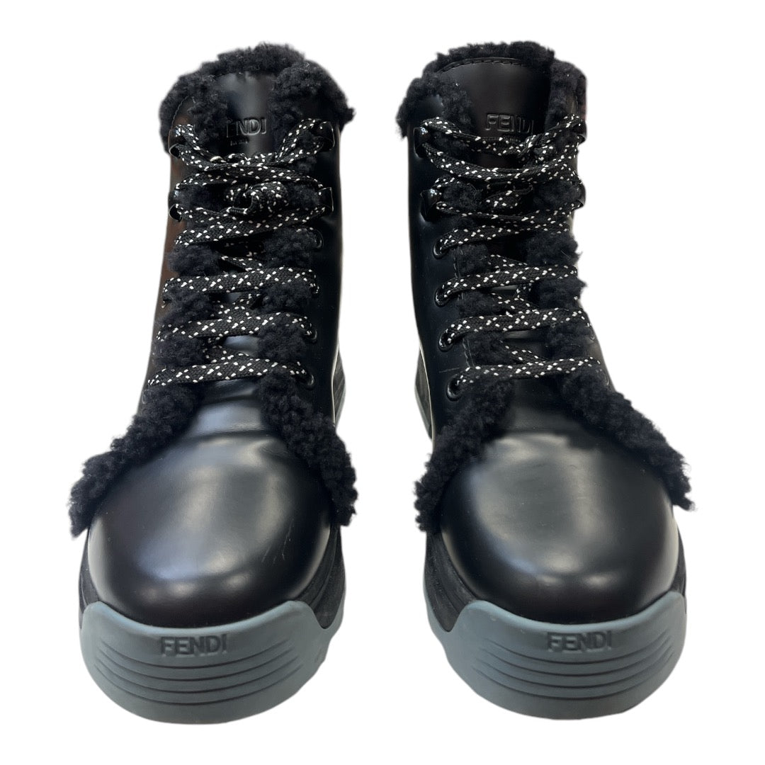 FENDI Black Leather Shearling Combat Boot - Moda Consignment