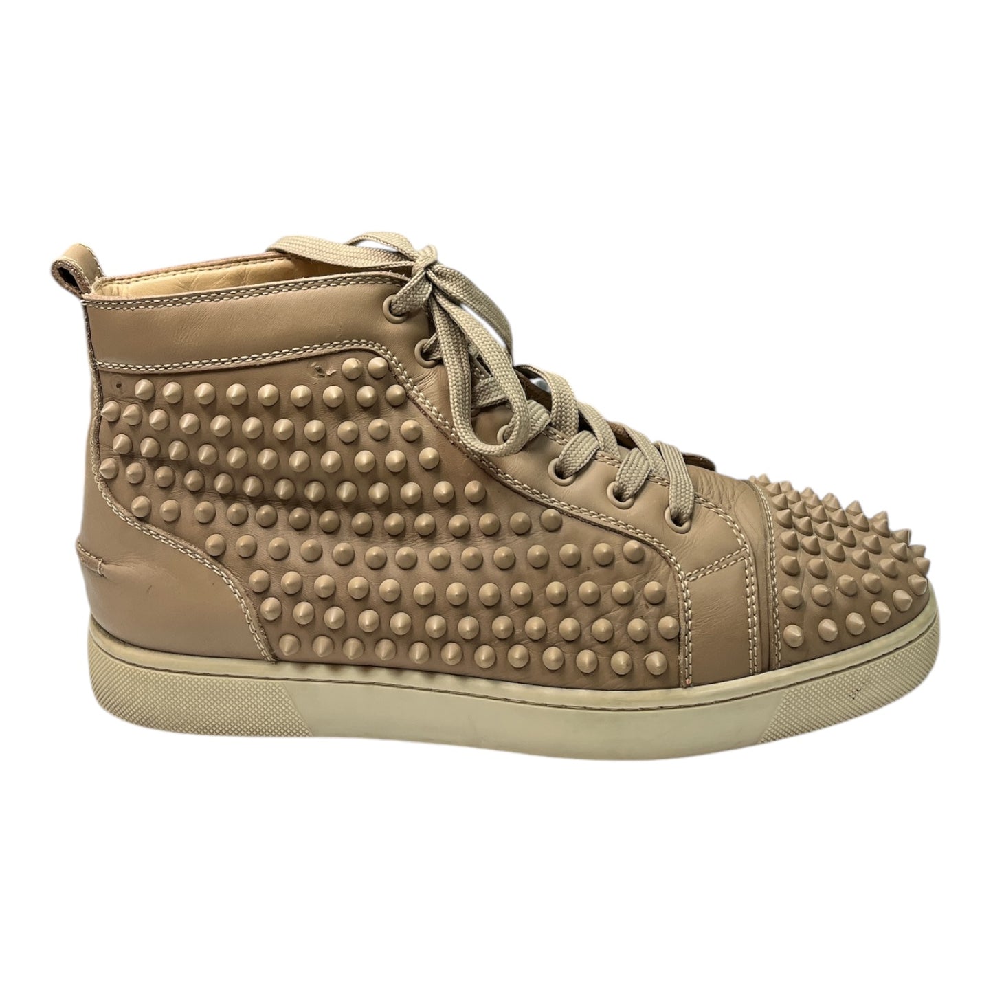 CHRISTIAN LOUBOUTIN Beige Leather Louis Spike High Top Sneakers - Moda Consignment