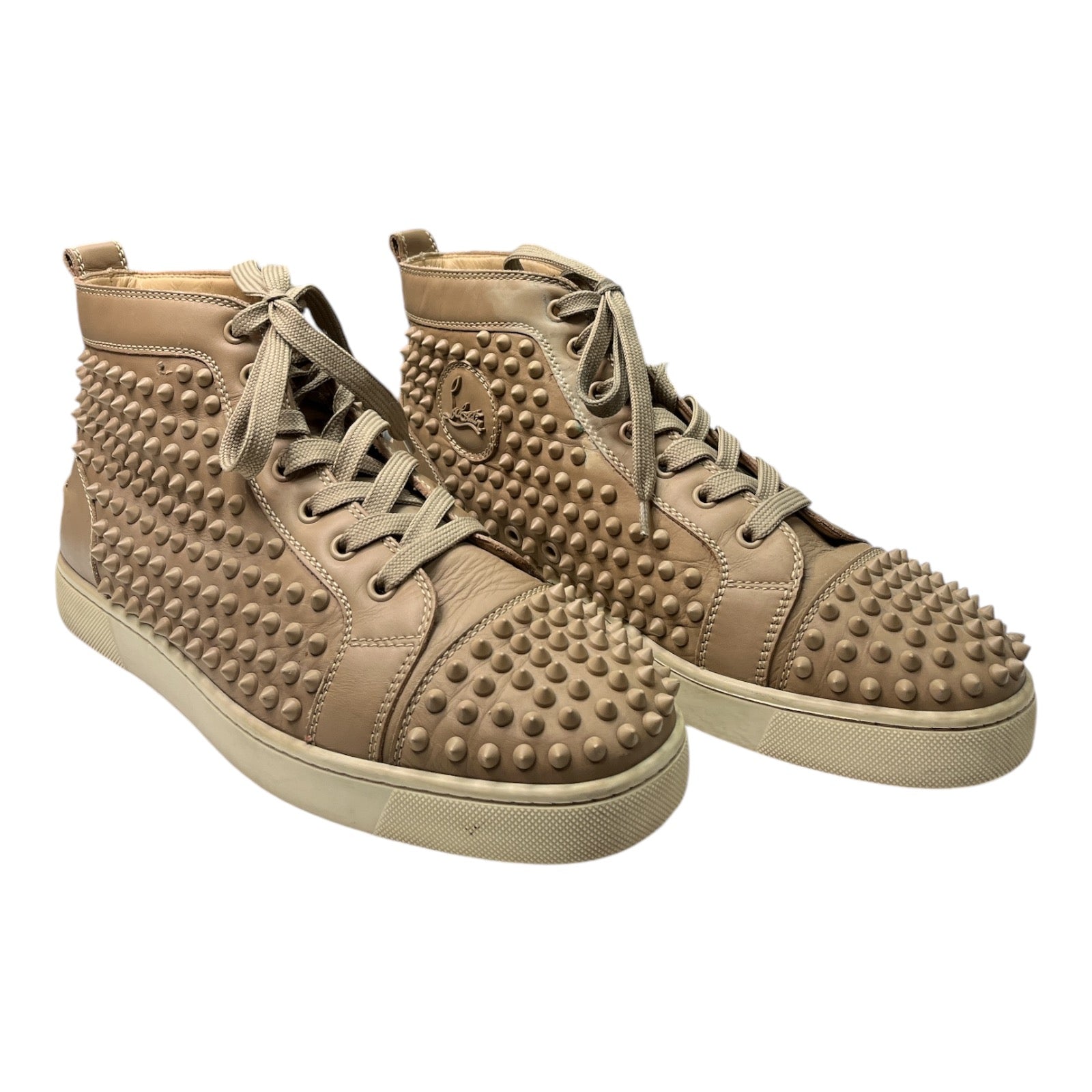 CHRISTIAN LOUBOUTIN Beige Leather Louis Spike High Top Sneakers - Moda Consignment