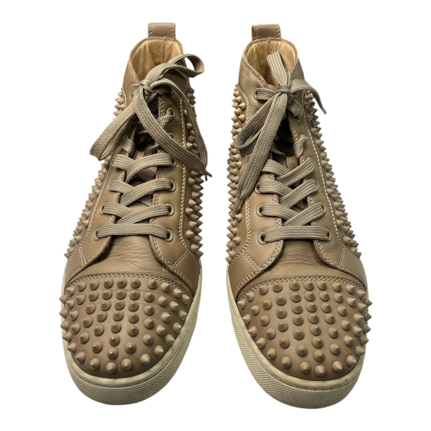 CHRISTIAN LOUBOUTIN Beige Leather Louis Spike High Top Sneakers - Moda Consignment