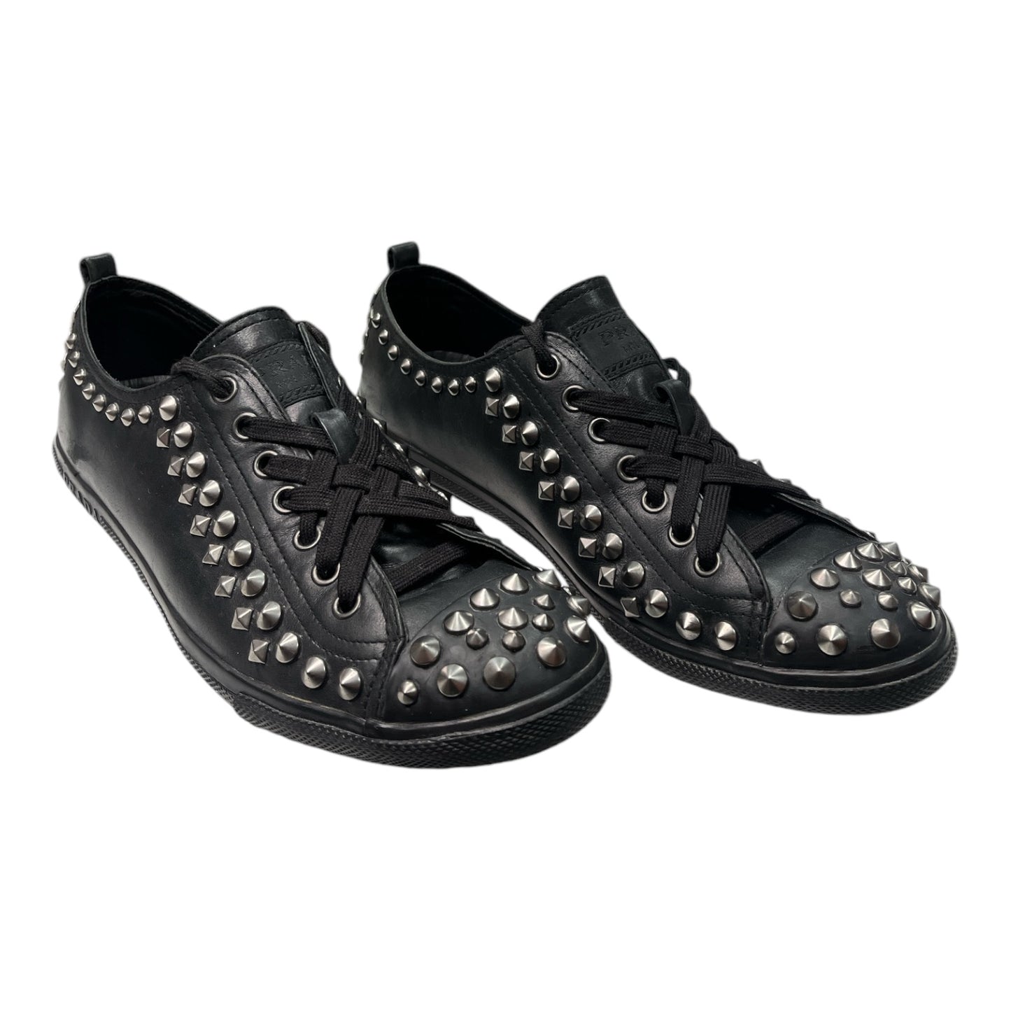 PRADA sport mens black spiked leather sneakers - Moda Consignment