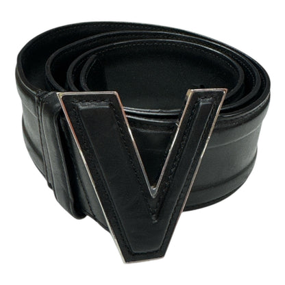 VERSACE BLACK LEATHER BELT WITH V-BUCKLE - Moda Consignment