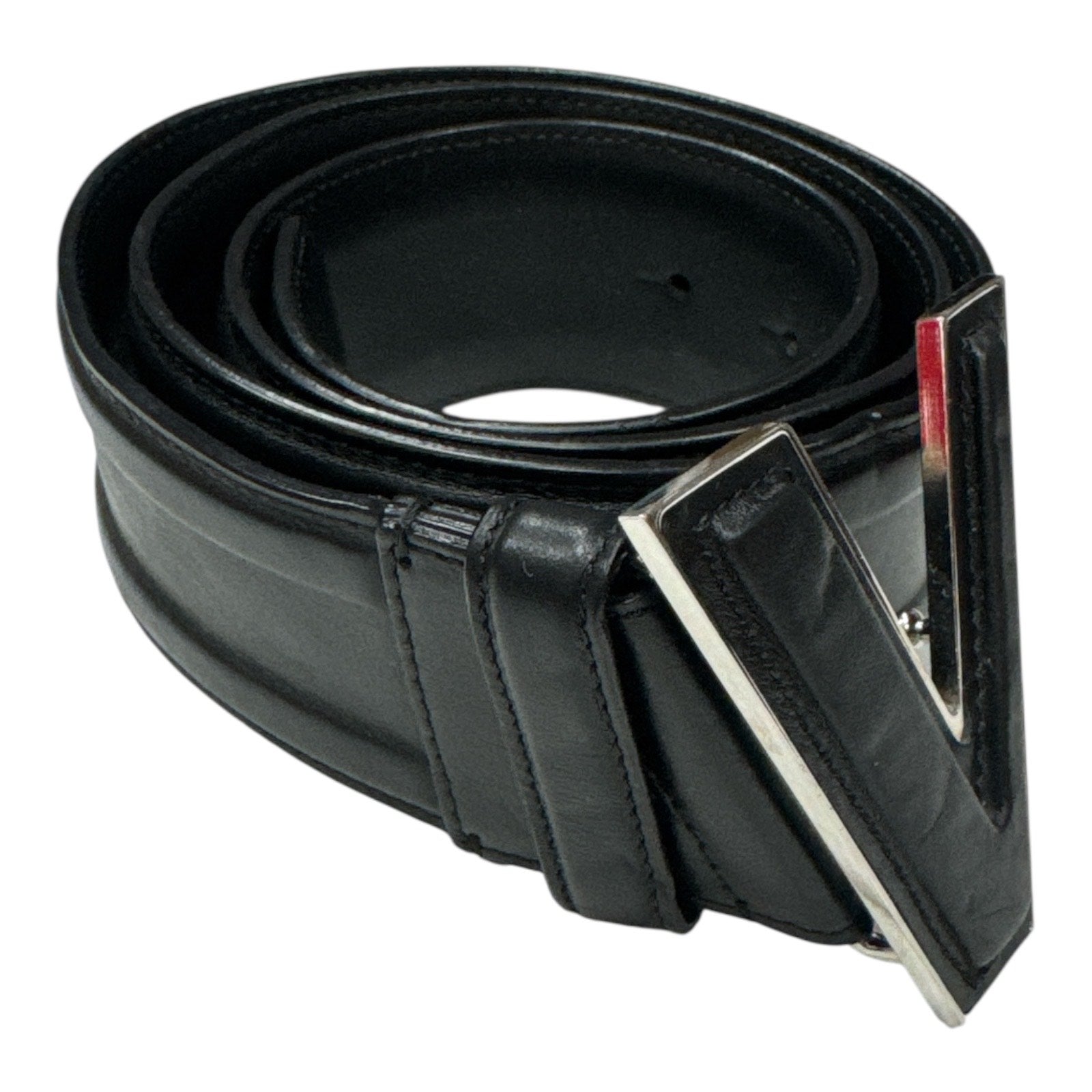 VERSACE BLACK LEATHER BELT WITH V-BUCKLE - Moda Consignment