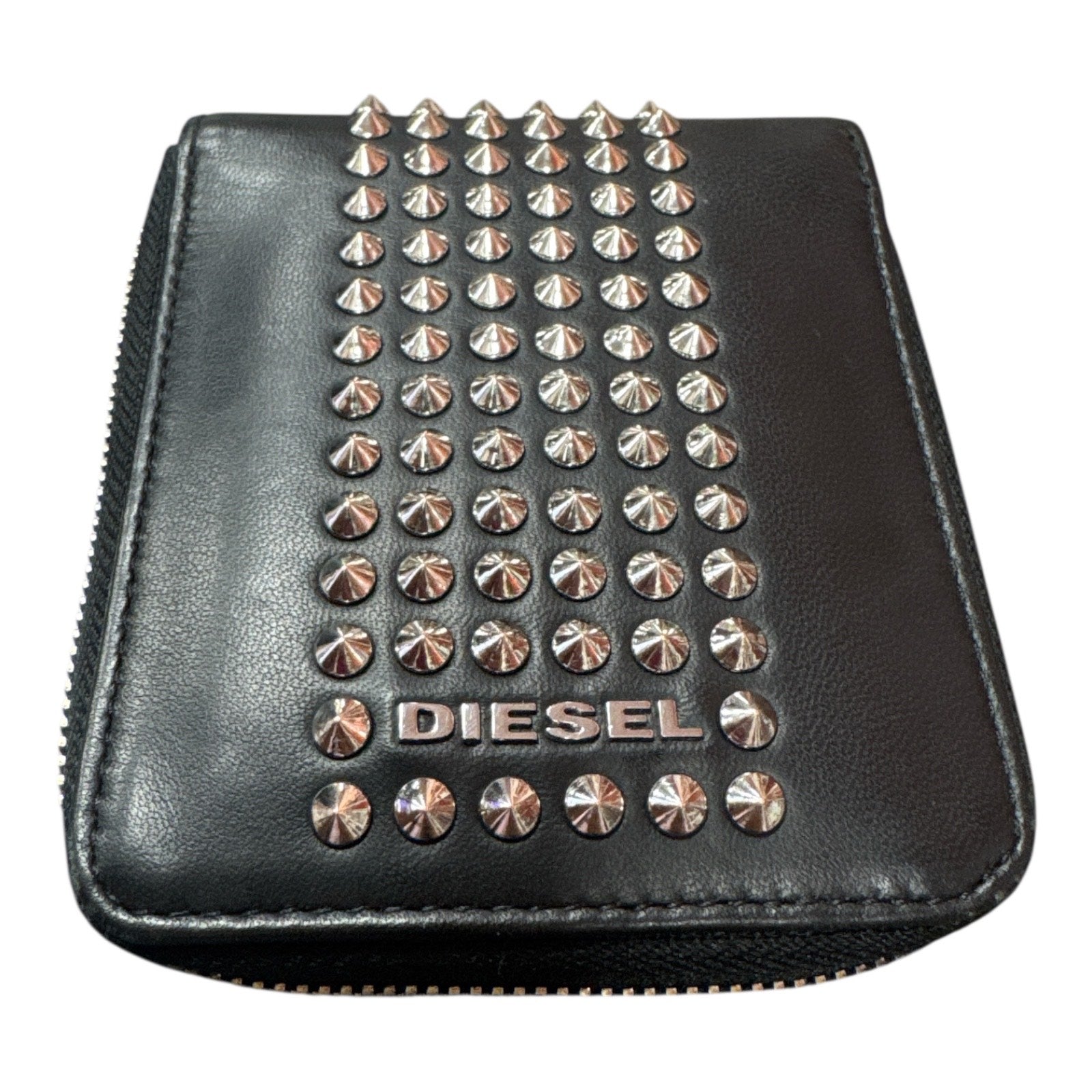 DIESEL BLACK LEATHER STUDDED ZIP WALLET - Moda Consignment