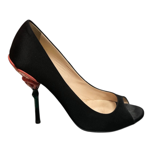PRADA Fairy Collection Black Satin Peep Toe Sculpted Flower Heel - Moda Consignment