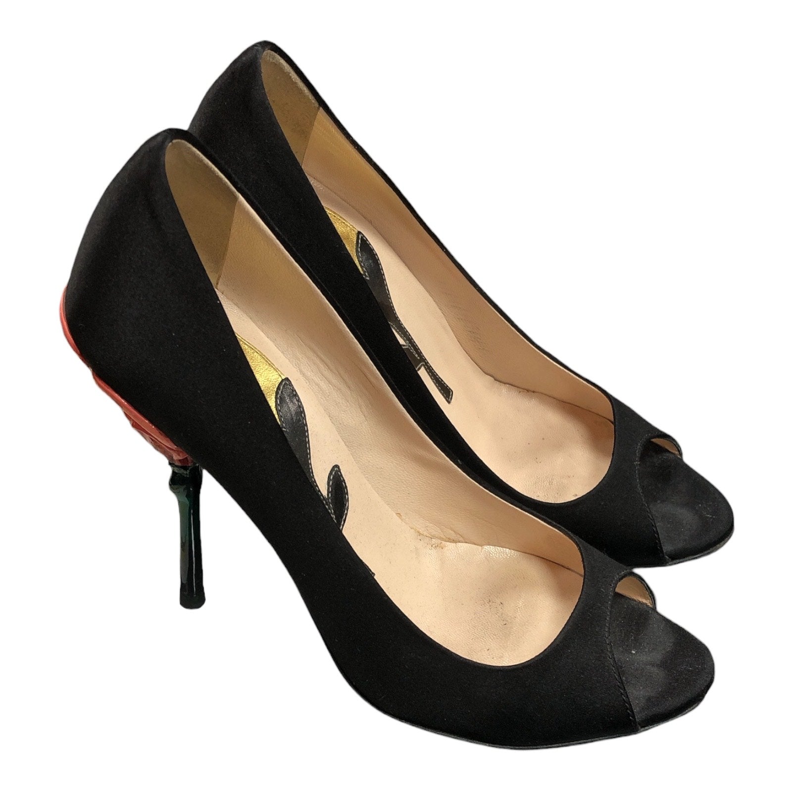 PRADA Fairy Collection Black Satin Peep Toe Sculpted Flower Heel - Moda Consignment