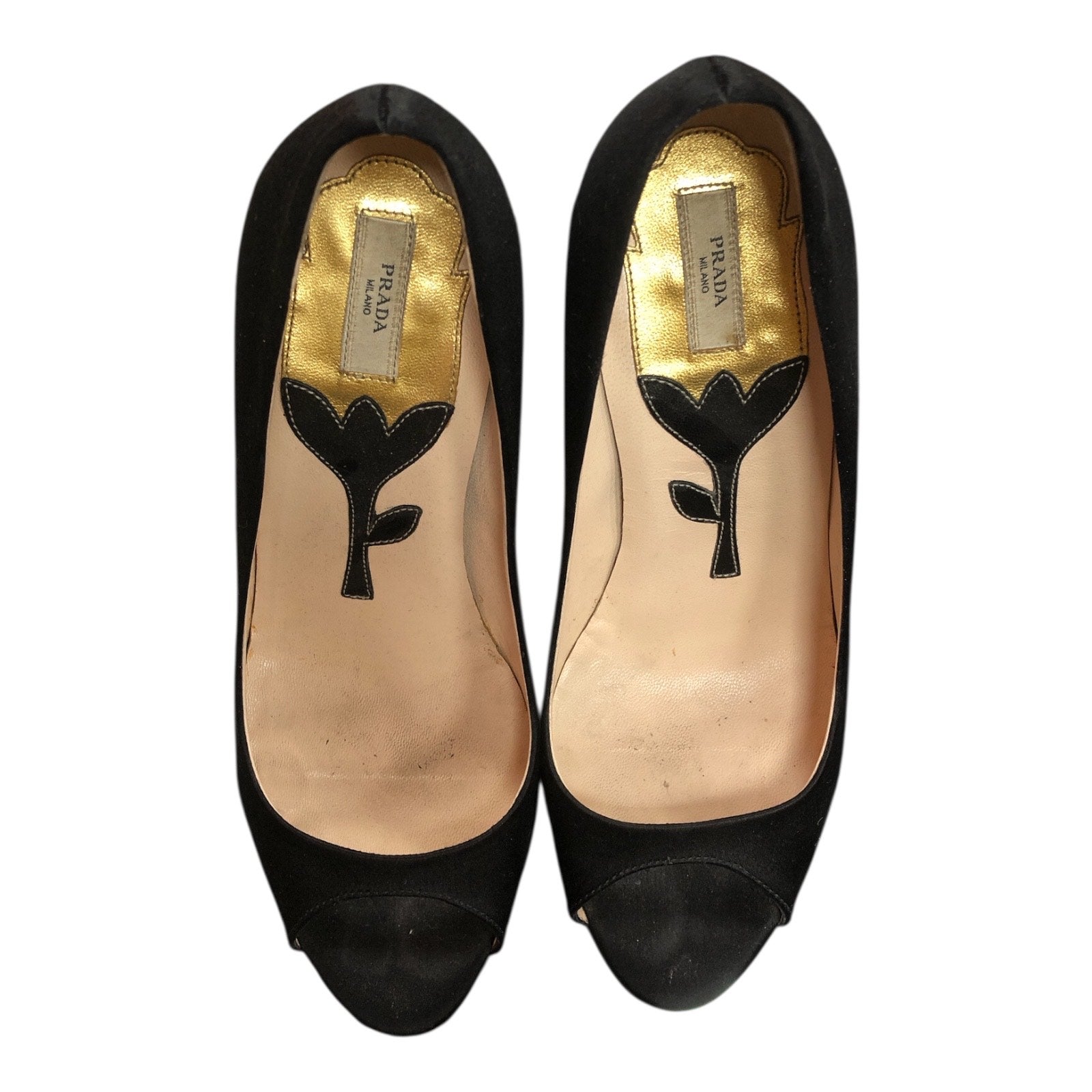 PRADA Fairy Collection Black Satin Peep Toe Sculpted Flower Heel - Moda Consignment