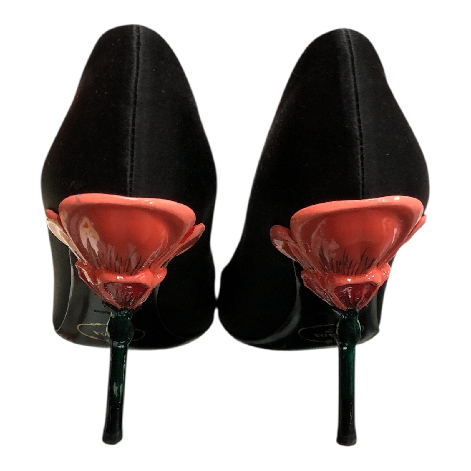 PRADA Fairy Collection Black Satin Peep Toe Sculpted Flower Heel - Moda Consignment
