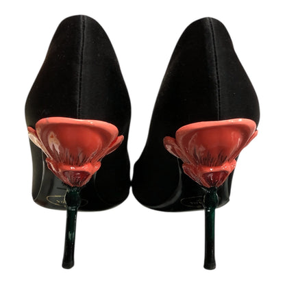 PRADA Fairy Collection Black Satin Peep Toe Sculpted Flower Heel - Moda Consignment