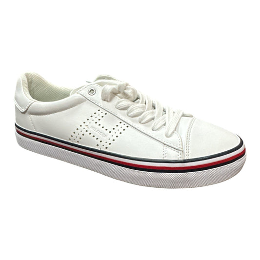 TOMMY HILFIGER WHITE LEATHER LOW TOP SNEAKERS WITH LOGO DETAIL - Moda Consignment