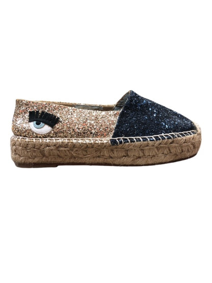 CHIARA FERRAGNI Silver Glitter Eye Logo Espadrilles Flats