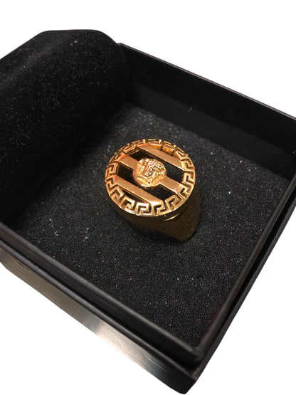 VERSACE 3d Greek Key Medusa Embellished Logo Ring in Gold